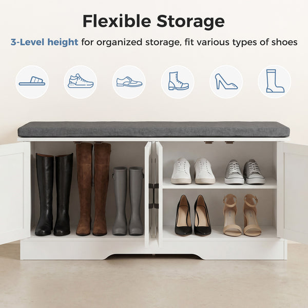 CONCETTA White Storage Bench, Padded Seat Entryway Shoe Bench Featuring 4 Barn Doors and Adjustable Storage Shelf