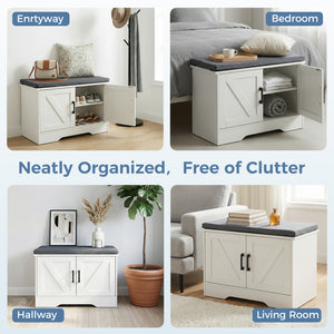 CONCETTA White Storage Bench, Padded Seat Entryway Shoe Bench Featuring 4 Barn Doors and Adjustable Storage Shelf