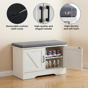 CONCETTA White Storage Bench, Padded Seat Entryway Shoe Bench Featuring 4 Barn Doors and Adjustable Storage Shelf