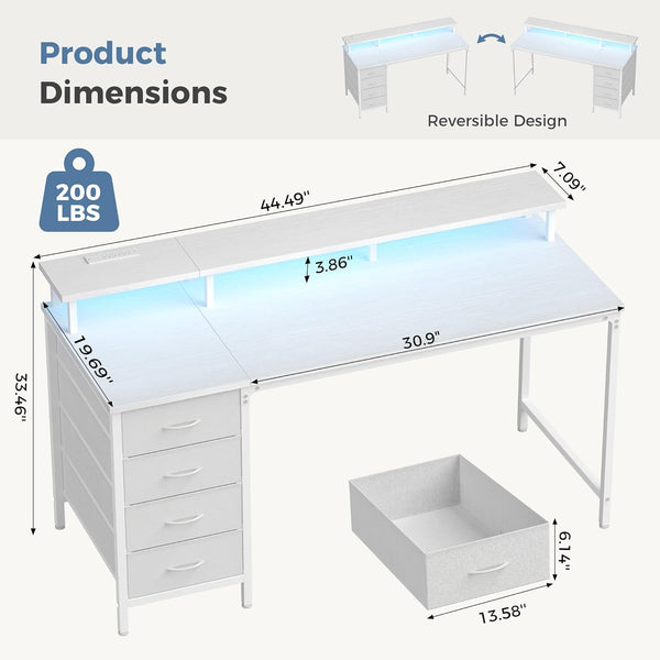 CONCETTA Computer Gaming Desk with 4 Drawers, Power Outlets and LED Lights for Home Small Spaces