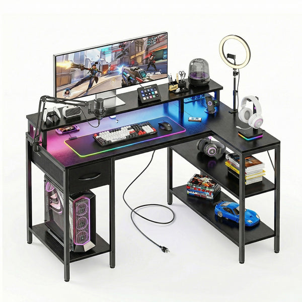CONCETTA 47 inch L-Shaped Gaming Desk - Reversible with LED Lighting, Power Outlets & Double-Tier Storage, for Home Office