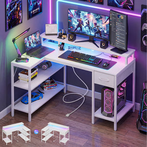 CONCETTA 53 inch L-Shaped Gaming Desk, Reversible Design with LED Lighting, Power Outlets and Double-Tier Storage, White for Home Office