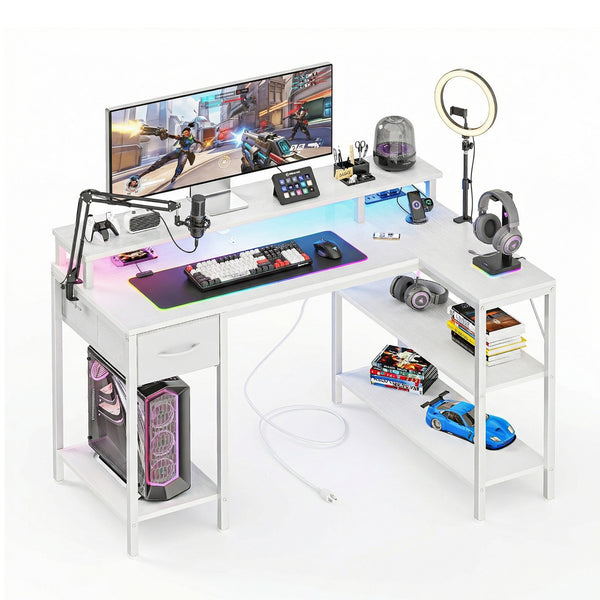 CONCETTA 53 inch L-Shaped Gaming Desk, Reversible Design with LED Lighting, Power Outlets and Double-Tier Storage, White for Home Office