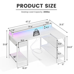CONCETTA 47 inch L-Shaped Gaming Desk - Reversible with LED Lighting, Power Outlets & Double-Tier Storage, for Home Office