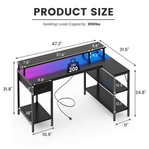 CONCETTA 47 inch L-Shaped Gaming Desk - Reversible with LED Lighting, Power Outlets & Double-Tier Storage, for Home Office