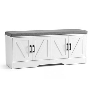 CONCETTA White Storage Bench, Padded Seat Entryway Shoe Bench Featuring 4 Barn Doors and Adjustable Storage Shelf