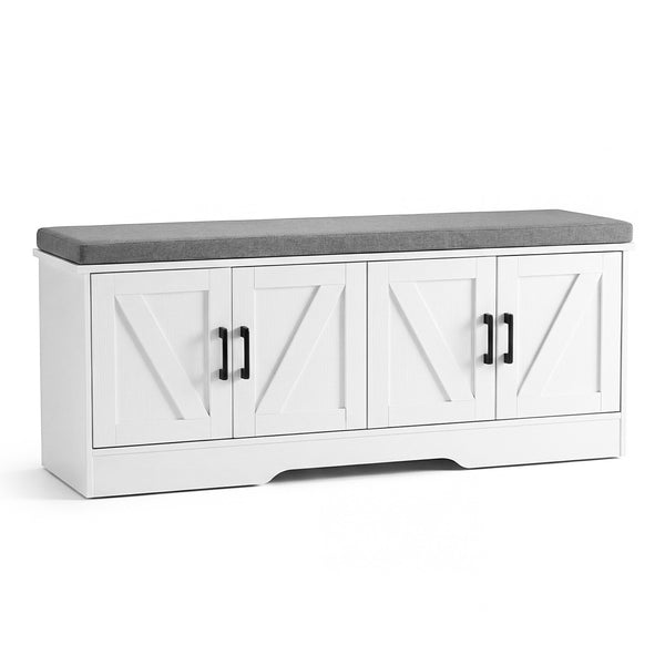 CONCETTA White Storage Bench, Padded Seat Entryway Shoe Bench Featuring 4 Barn Doors and Adjustable Storage Shelf