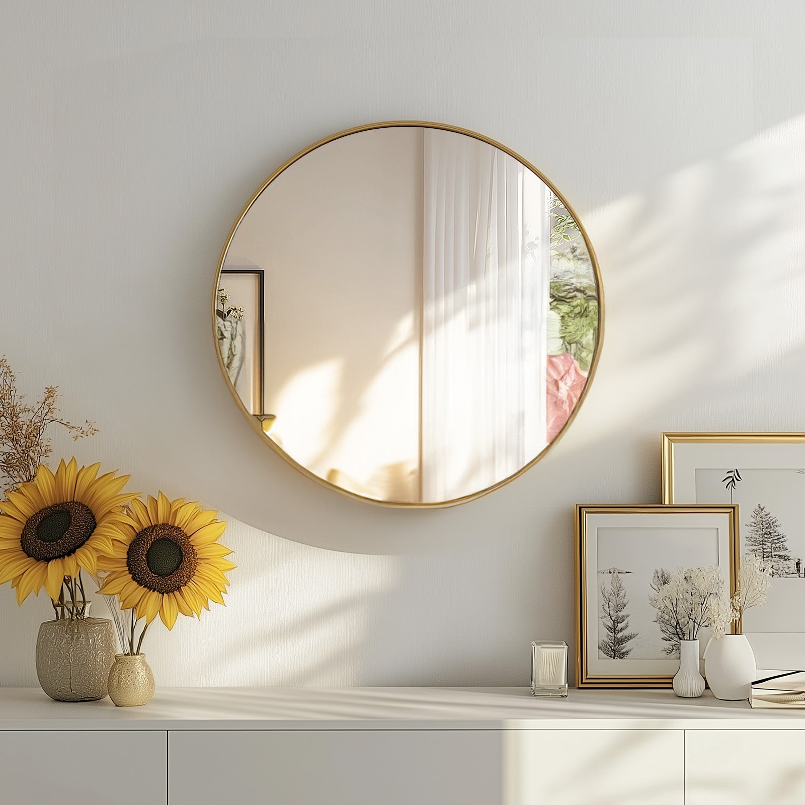 CONCETTA 28-Inch Round Wall-Mounted Mirror, Made Of High-Quality Alumi