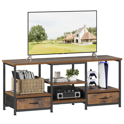 CONCETTA TV stand, with Power Socket, 2 drawers, Adjustable Shevles, Suitable for Living Room and Bedroom, Brown