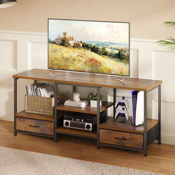 CONCETTA TV stand, with Power Socket, 2 drawers, Adjustable Shevles, Suitable for Living Room and Bedroom, Brown