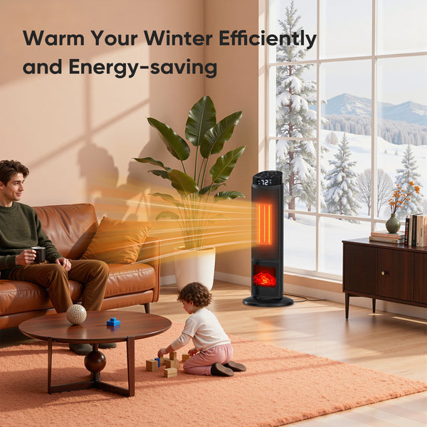 1500W Tower Space Heater with Fireplace Effect, Oscillating Electric Heater with Remote Control