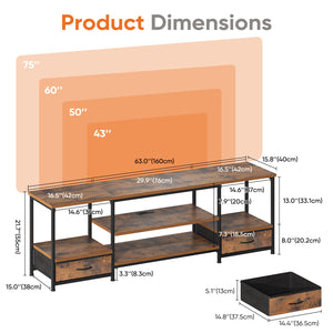 CONCETTA TV stand, with Power Socket, 2 drawers, Adjustable Shevles, Suitable for Living Room and Bedroom, Brown
