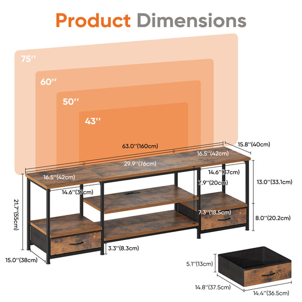 CONCETTA TV stand, with Power Socket, 2 drawers, Adjustable Shevles, Suitable for Living Room and Bedroom, Brown