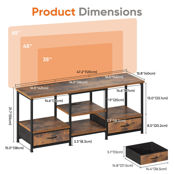 CONCETTA TV stand, with Power Socket, 2 drawers, Adjustable Shevles, Suitable for Living Room and Bedroom, Brown