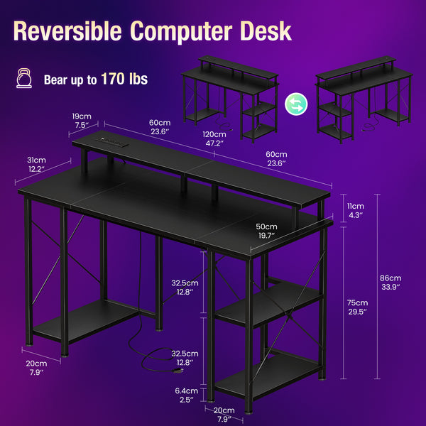 CONCETTA 48" Computer Gaming Desk with LED Light, Power Outlet, Monitor Stand, Headphone Hook