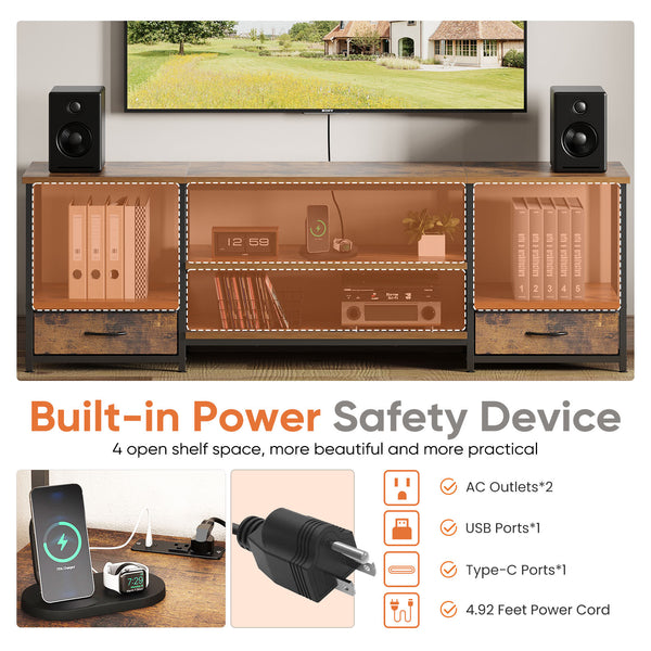 CONCETTA TV stand, with Power Socket, 2 drawers, Adjustable Shevles, Suitable for Living Room and Bedroom, Brown