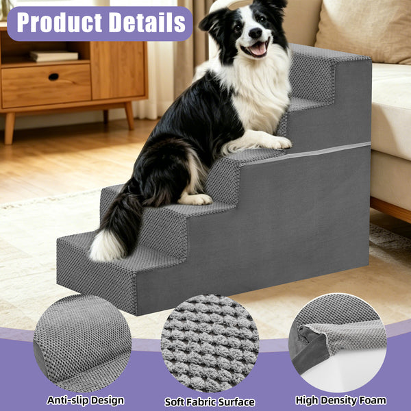 CONCETTA Pet Stairs Ramp, High-Density Foam Dog Cat Steps, Non-Slip Indoor Ladder for Couch, High Beds, Sofa, Gray