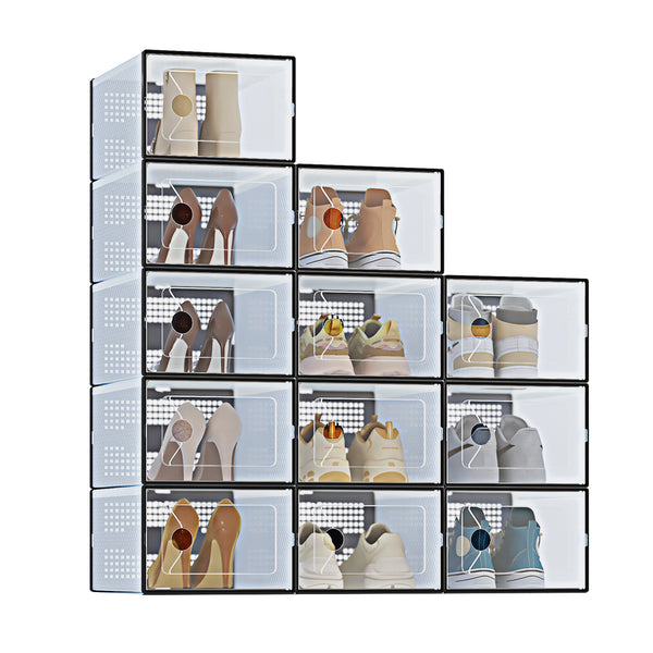 CONCETTA 12/15-Pack Shoe Box Organizer for up to US Size 9, Stackable Plastic Storage Rack for Closet Hallway Bedroom