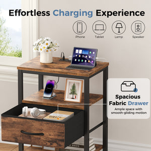 CONCETTA Small Night Stand with Charging Station, 1 Fabric Drawer, USB Ports and Outlets, Open Storage Shelf Bedside End Table for Bedroom, Black，Black Brown,Rustic Brown，White