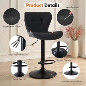 Set of 2 Swivel Bar Stools - Adjustable Height Modern Faux Leather Barstools Counter Bar Chairs with Backrest for Kitchen Island & Home Bar, Black