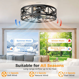 SHOUFTW Bladeless Farmhouse Flush Mount Ceiling Fan with Lights, Remote Control Rustic Low Profile Caged Quiet Fandelier for Bedroom Kitchen
