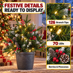 SHOUFTW Pre-Lit Frosted Artificial Christmas Urn Filler, Small Xmas Tree with 50 Warm Lights, Pine Cones & Red Berries for Indoor Outdoor Holiday Decor