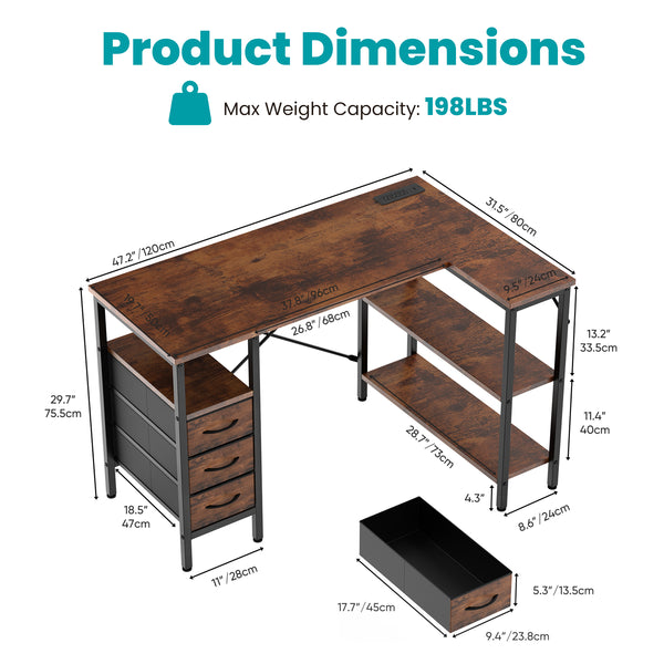 47"L Shaped Computer Desk with 3 Drawers, Power Outlets, USB Ports, and Monitor Stand, Corner Gaming Desk for Home Office