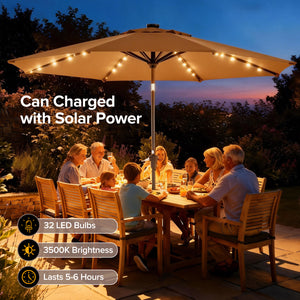 SHOUFTW 10FT Outdoor Patio Umbrella with Solar LED Lights, Push-Button Tilt Market Umbrella, Weather-Resistant 8-Rib Sun Shade for Patio, Garden, Backyard, Deck or Poolside
