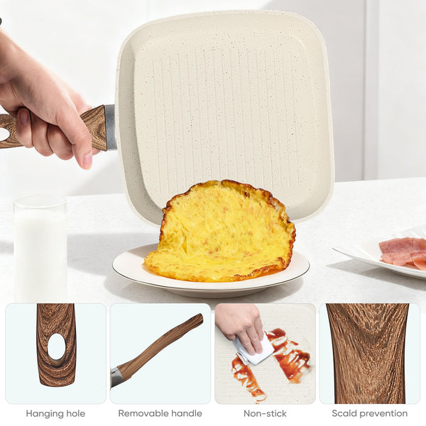 CONCETTA Non-stick Cookware Set, square frying pan, wooden handle, suitable for indoor and outdoor camping and RV cooking, beige and black