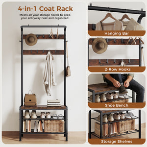 CONCETTA 4-in-1 Coat Rack Hall Tree with Shoe Bench, Shoe Storage, Removable Hooks, Hanging Rod, 13.3 x 28.3 x 72.1 Inches