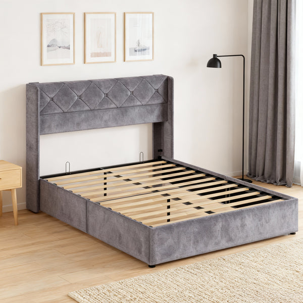 CONCETTA Metal full-size lift storage bed, modern wing-style headboard, velvet soft cushions, hydraulic support, no need for spring box, gray