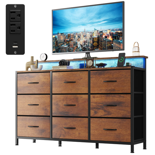 CONCETTA 47-inch TV Stand with RGB LED Lights & UL-Certified Charging Station for Families, 9 Fabric Drawers, Fits up to 55-inch TVs