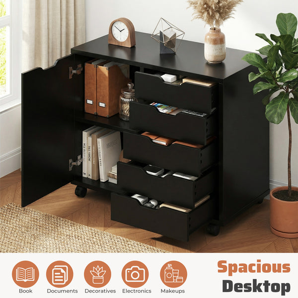 CONCETTA 5-Drawer Wood Storage Cabinet for Office & Home, Mobile Lateral Filing Cabinet, Printer Stand Cabinet with Adjustable Shelf, Wheels with Breaker