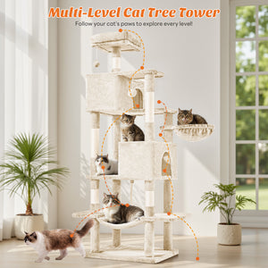 CONCETTA 66in Multi Level Cat Tree Tower,Cat Scratching Posts with Large Top Perch and Hammock, Beige