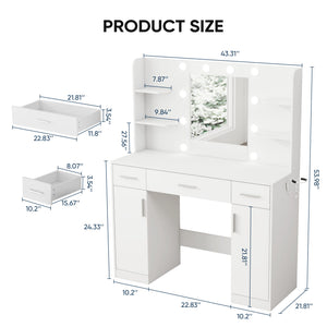 CONCETTA Modern Adult Vanity Desk 1 Piece with Mirror, Power Outlet and Lights, White Table Set