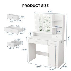 CONCETTA Modern Adult Vanity Desk 1 Piece with Mirror, Power Outlet and Lights, White Table Set
