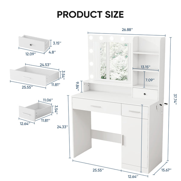CONCETTA Modern Adult Vanity Desk 1 Piece with Mirror, Power Outlet and Lights, White Table Set