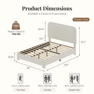 CONCETTA Bed Frame with Boucle Upholstery, Modern Platform Bed with Headboard, Soft Rounded Corners, No Box Spring Needed, Easy Assembly, White