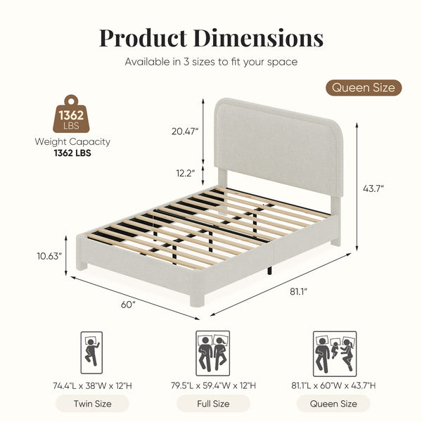 CONCETTA Bed Frame with Boucle Upholstery, Modern Platform Bed with Headboard, Soft Rounded Corners, No Box Spring Needed, Easy Assembly, White