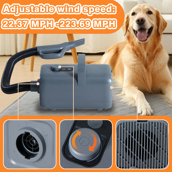 CONCETTA Large Dog Hair Grooming Blower,Dog Hair Dryer with Adjustable Wind Speed & Heater Temperature4 Nozzles, 6.5ft Cord for Dog Hair Force Blower