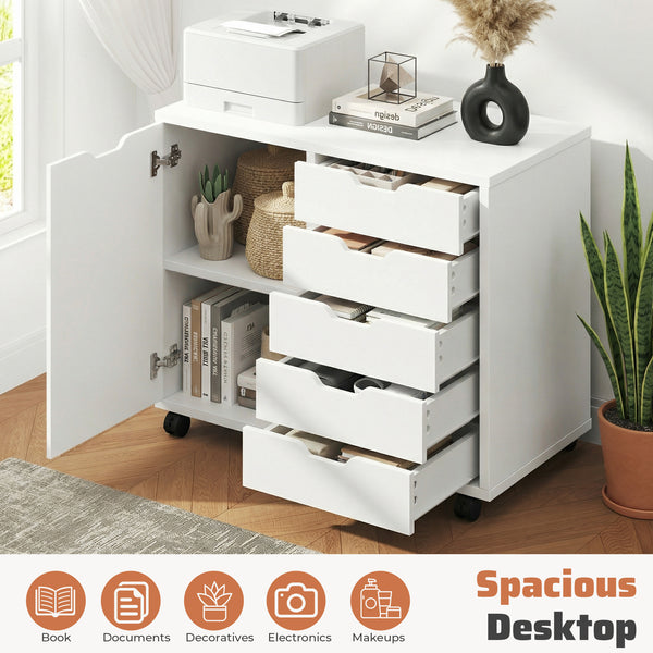 CONCETTA 5-Drawer Wood Storage Cabinet for Office & Home, Mobile Lateral Filing Cabinet, Printer Stand Cabinet with Adjustable Shelf, Wheels with Breaker