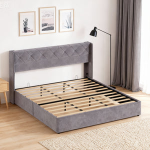 CONCETTA Metal full-size lift storage bed, modern wing-style headboard, velvet soft cushions, hydraulic support, no need for spring box, gray
