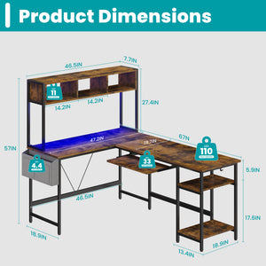 67" Reversible L-Shaped Desk with LED Lights, Power Outlets, Drawer, Keyboard Tray & Hutch