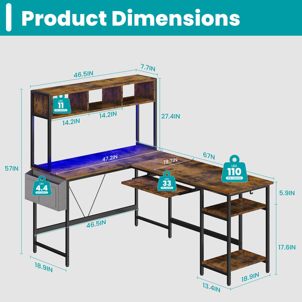 67" Reversible L-Shaped Desk with LED Lights, Power Outlets, Drawer, Keyboard Tray & Hutch