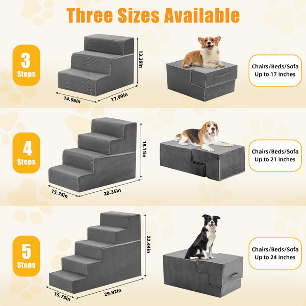 SHOUFTW Round Edge Pet Stairs Ramp, High-Density Foam Dog Cat Steps, Non-Slip Indoor Ladder for Couch, High Beds, Car, Gray