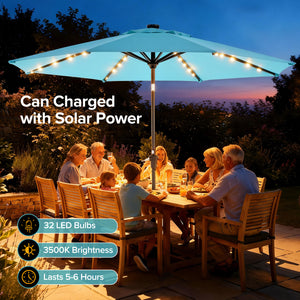 SHOUFTW 10FT Outdoor Patio Umbrella with Solar LED Lights, Push-Button Tilt Market Umbrella, Weather-Resistant 8-Rib Sun Shade for Patio, Garden, Backyard, Deck or Poolside