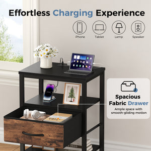 CONCETTA Small Night Stand with Charging Station, 1 Fabric Drawer, USB Ports and Outlets, Open Storage Shelf Bedside End Table for Bedroom, Black，Black Brown,Rustic Brown，White