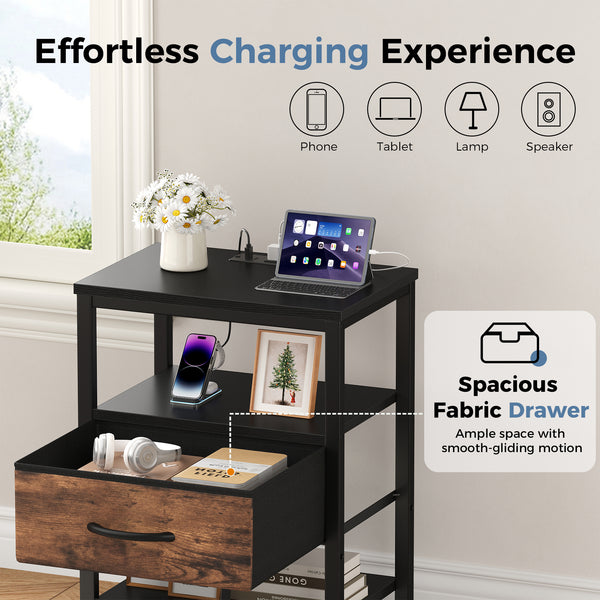 CONCETTA Small Night Stand with Charging Station, 1 Fabric Drawer, USB Ports and Outlets, Open Storage Shelf Bedside End Table for Bedroom, Black，Black Brown,Rustic Brown，White