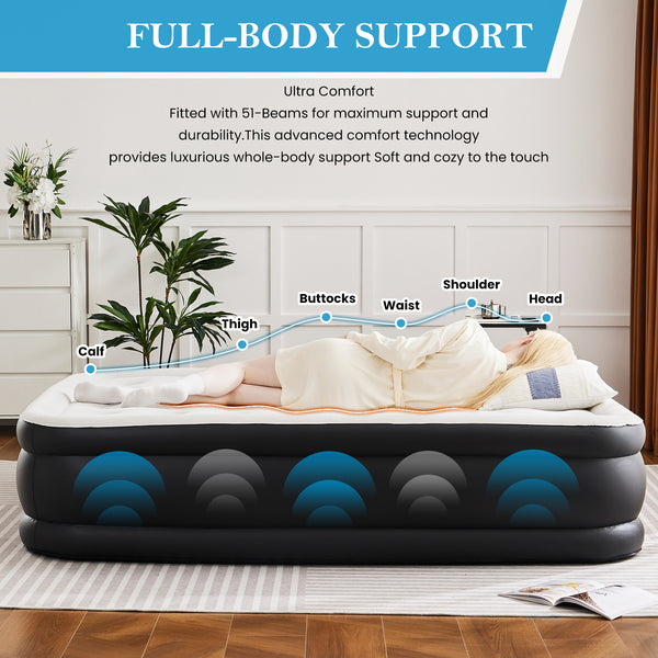 SHOUFTW  Air Mattress with Built-in Pump, Raised Inflatable Bed, Fast Self-Inflating, 600 lbs Capacity, Thickened Durable Airbed for Guests, Home, Camping Travel