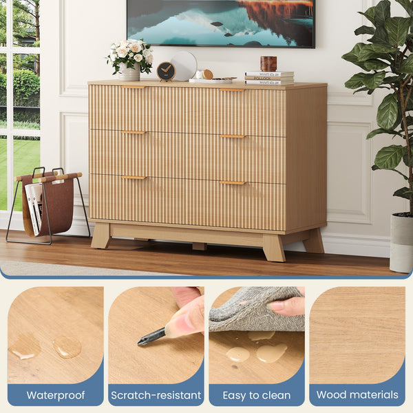 CONCETTA Modern Fluted Dresser for Bedroom, Wide Chest of Drawers with Metal Handles, Wood Storage Organizer for Living Room Bedroom Hallway, Natural Oak